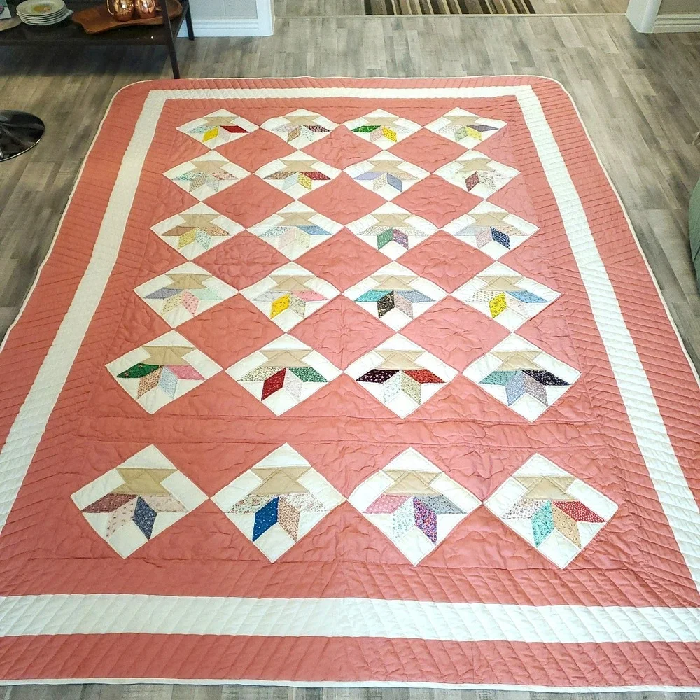 Antique Grandmothers Diamond Patch Pink Quilt All Handstitched 101